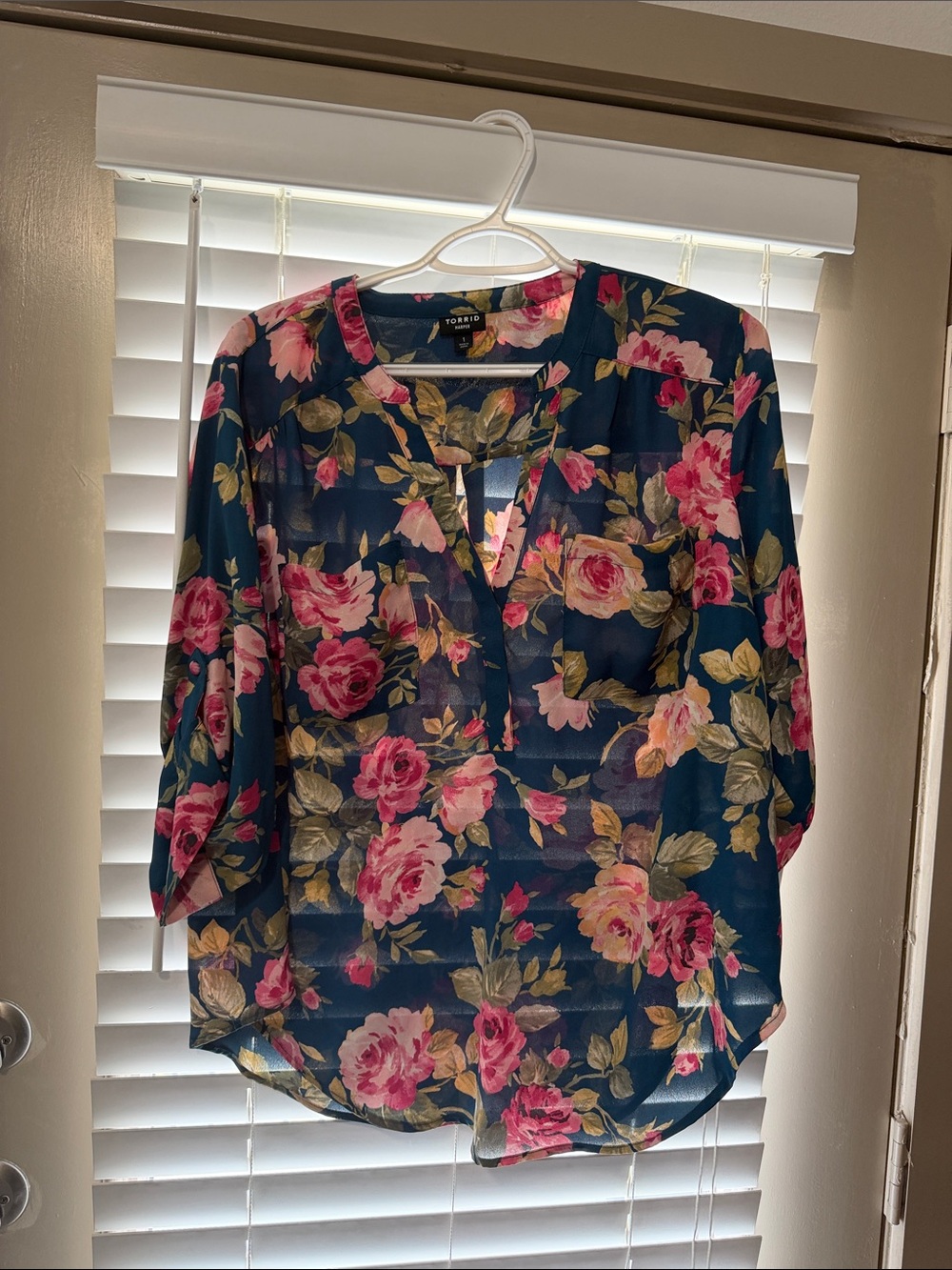 torrid Navy Floral Split-Neck Blouse with Pink Roses